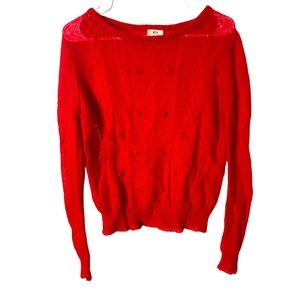 Urban Outfitters Pins & Needles Cherry Red Cable Knit Pom Pom Semi-Sheer Sweater